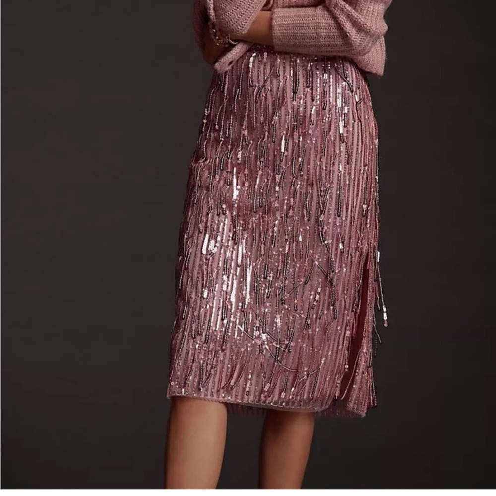 Anthropologie Maeve Pink Sequin Pencil Skirt Evening Formal Fringed Midi - Picture 1 of 14
